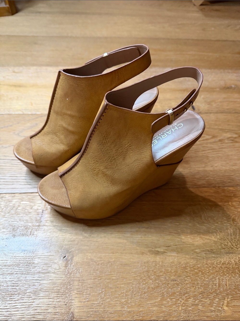 Charlies Tan Open-Toe Wedge Slingbacks